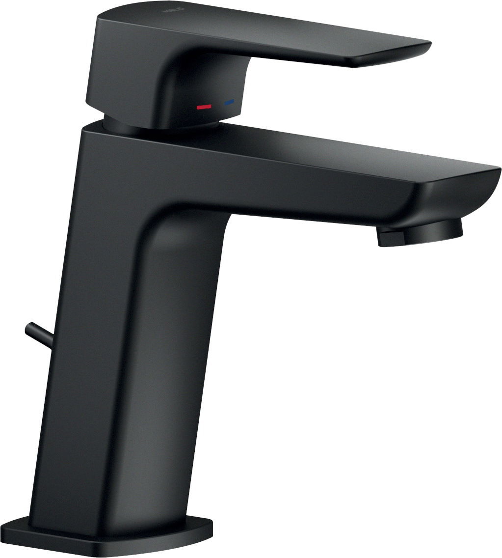 Moderner Einhand-Waschtischmischer in mattem Schwarz, seitliche Perspektive
