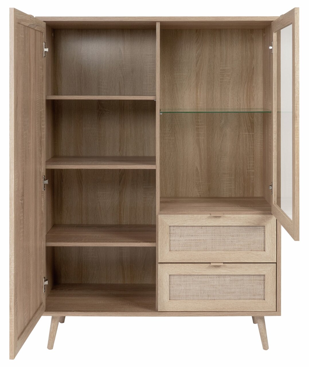 Frontale Ansicht eines Highboards aus Holz mit offenen Türen, mehreren Regalböden und zwei Schubladen.