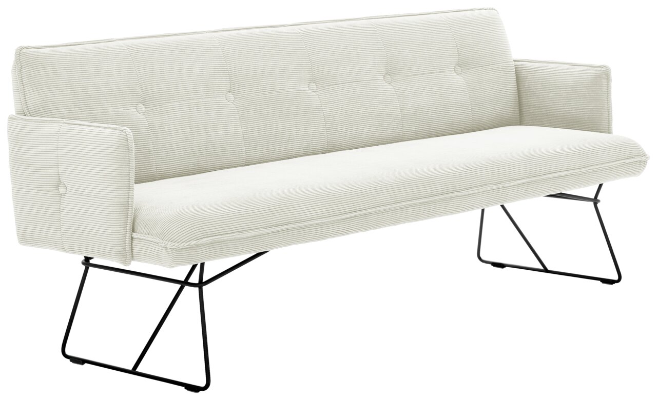 Dreisitzer-Sofa Solobank mit hellgrauem Stoffbezug und schwarzen Metallbeinen, seitliche Perspektive