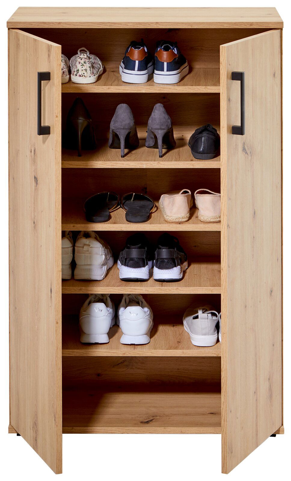 Schuhschrank aus Holz mit offenen Türen, gefüllt mit verschiedenen Schuhen, frontal betrachtet.