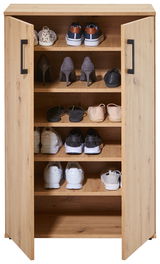 Schuhschrank aus Holz mit offenen Türen, gefüllt mit verschiedenen Schuhen, frontal betrachtet.