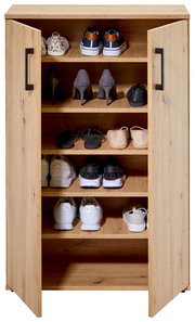 Schuhschrank aus Holz mit offenen Türen, gefüllt mit verschiedenen Schuhen, frontal betrachtet.