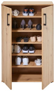 Schuhschrank aus Holz mit offenen Türen, gefüllt mit verschiedenen Schuhen, frontal betrachtet.