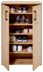 Schuhschrank aus Holz mit offenen Türen, gefüllt mit verschiedenen Schuhen, frontal betrachtet.