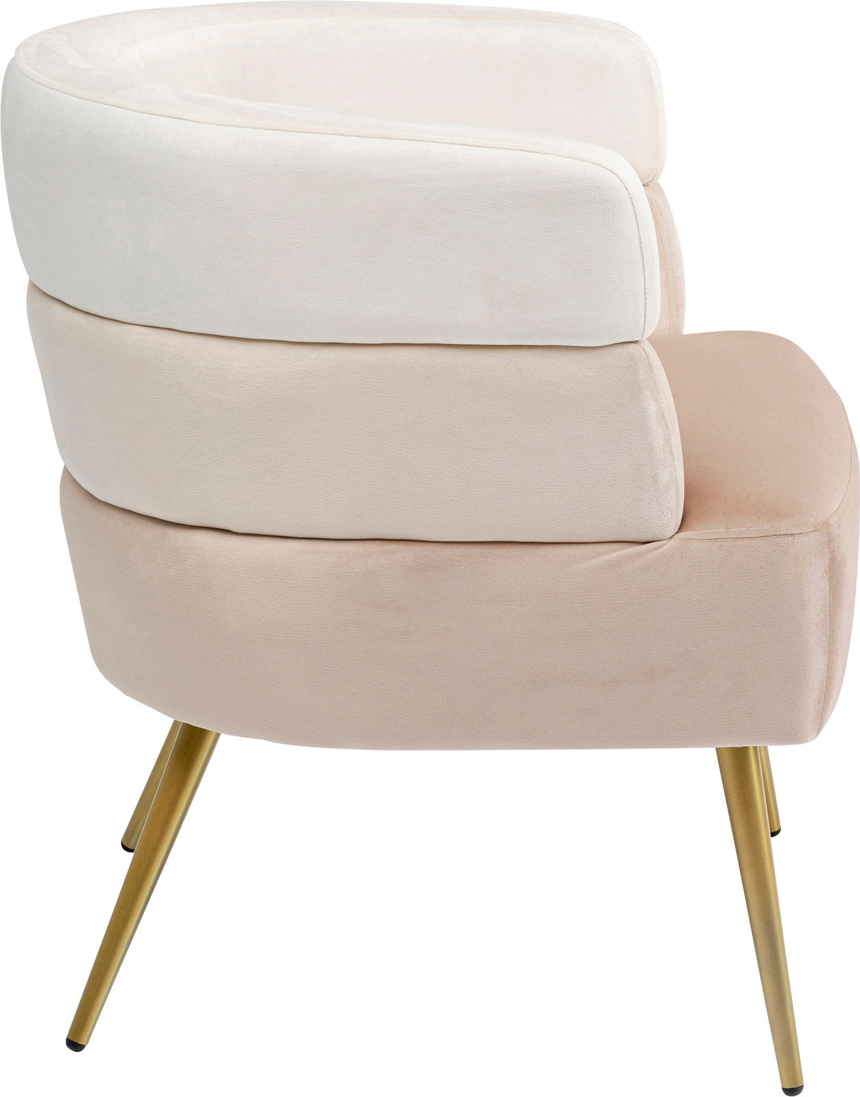 Seitenansicht eines modernen Sessels mit cremefarbenem und beigem Polster sowie goldenen Beinen.