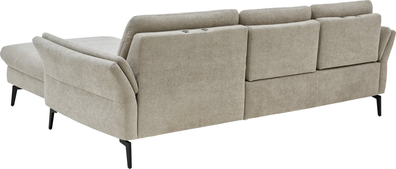 Musterring Longchair-combinatie MR 1370 Beige stoffen hoekbank met chaise longue en zwarte metalen poten, gezien schuin van achteren (achteraanzicht)