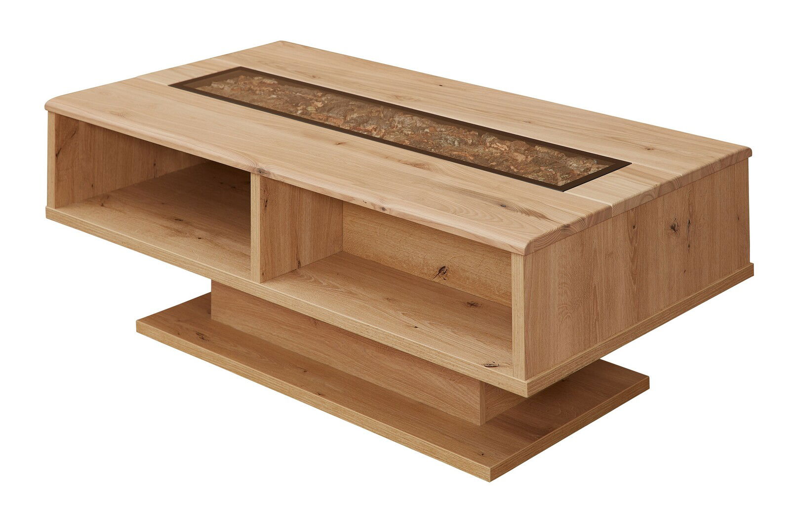 Moderner Couchtisch aus Holz mit Glasplatte und Stauraum, seitliche Perspektive