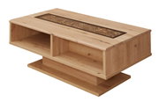 Moderner Couchtisch aus Holz mit Glasplatte und Stauraum, seitliche Perspektive