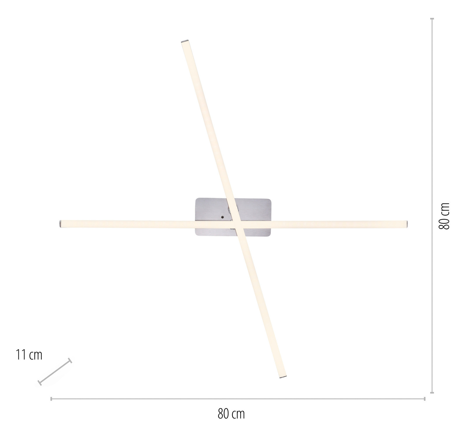 Moderne Deckenleuchte ALINA mit kreuzförmigem Design, Draufsicht, Maße 80x80 cm.