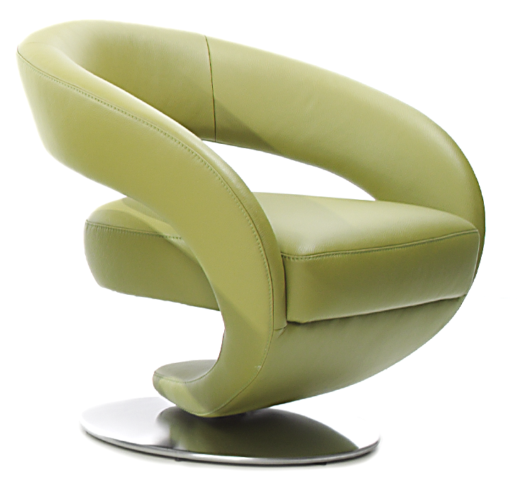 Moderner grüner Drehsessel aus Leder, seitliche Perspektive