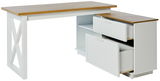Moderner Eck-Schreibtisch mit weißem Gestell und Holzoberfläche, seitliche Schubladen geöffnet, Perspektive von vorne rechts.