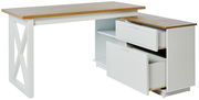Moderner Eck-Schreibtisch mit weißem Gestell und Holzoberfläche, seitliche Schubladen geöffnet, Perspektive von vorne rechts.