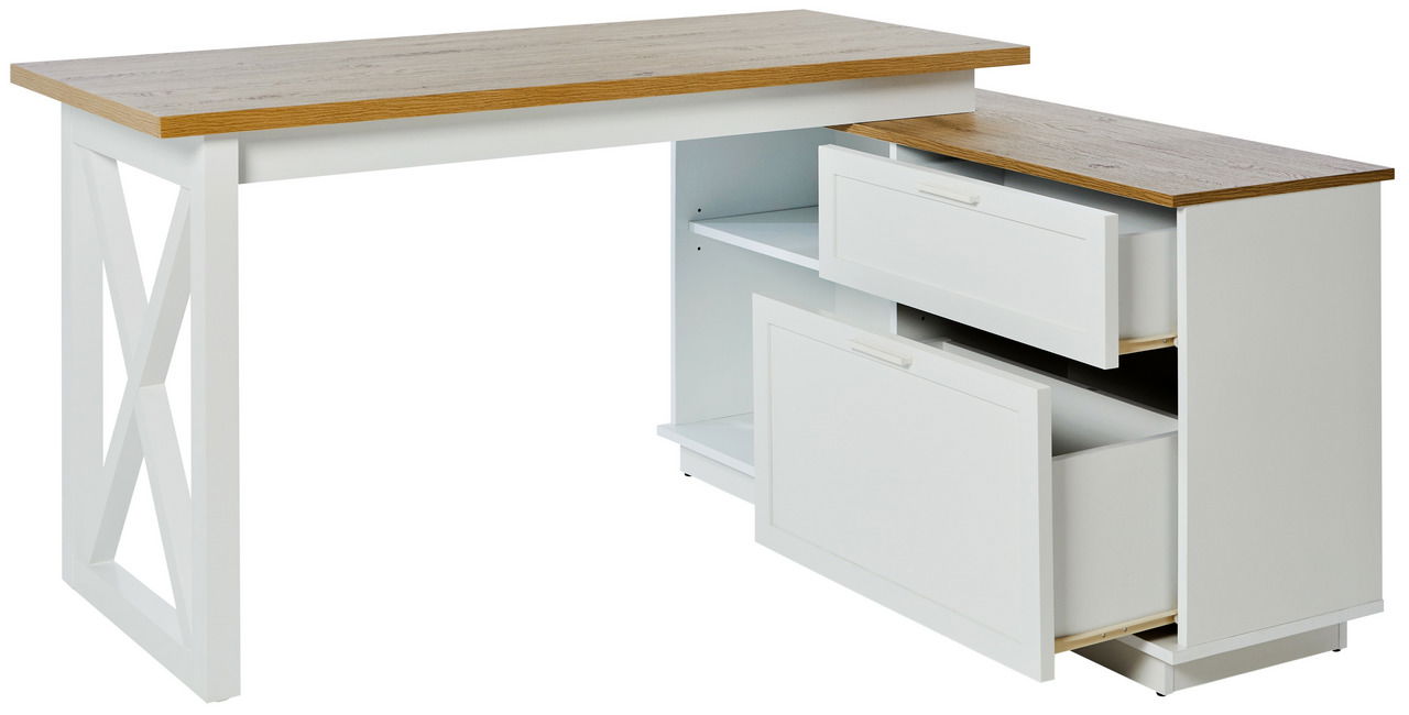 Moderner Eck-Schreibtisch mit weißem Gestell und Holzoberfläche, seitliche Schubladen geöffnet, Perspektive von vorne rechts.