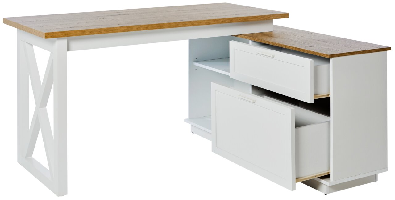 Moderner Eck-Schreibtisch mit weißem Gestell und Holzoberfläche, seitliche Schubladen geöffnet, Perspektive von vorne rechts.