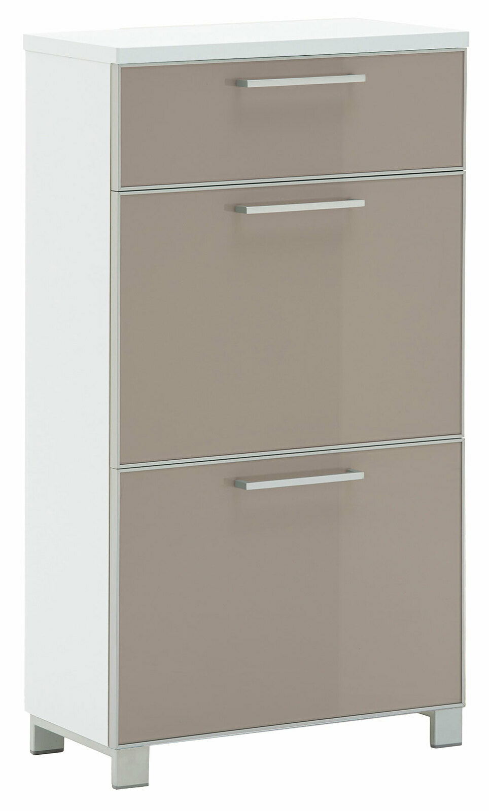 Schmaler Schuhschrank mit drei Klappen in Beige und Weiß, Frontansicht