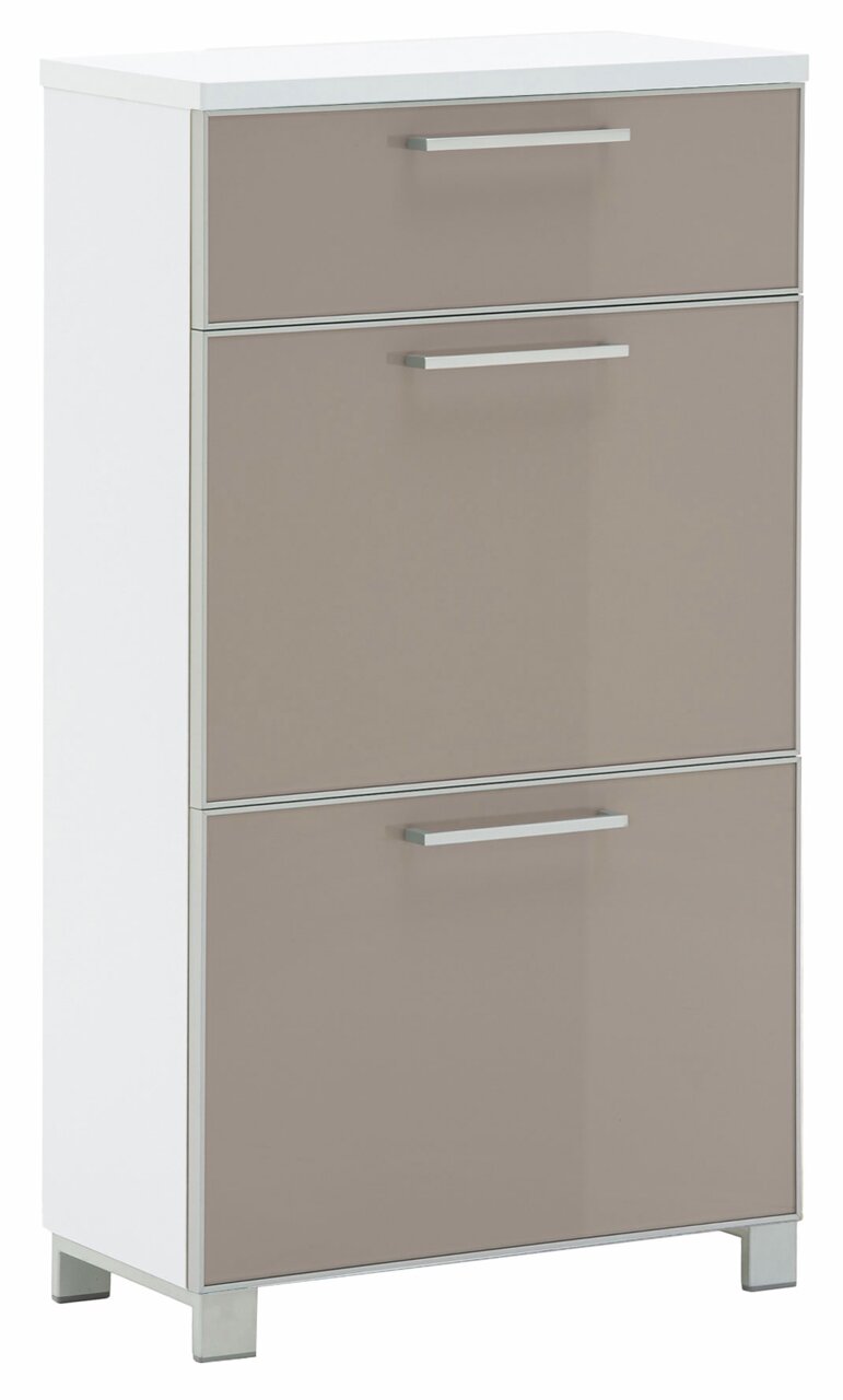 Schmaler Schuhschrank mit drei Klappen in Beige und Weiß, Frontansicht