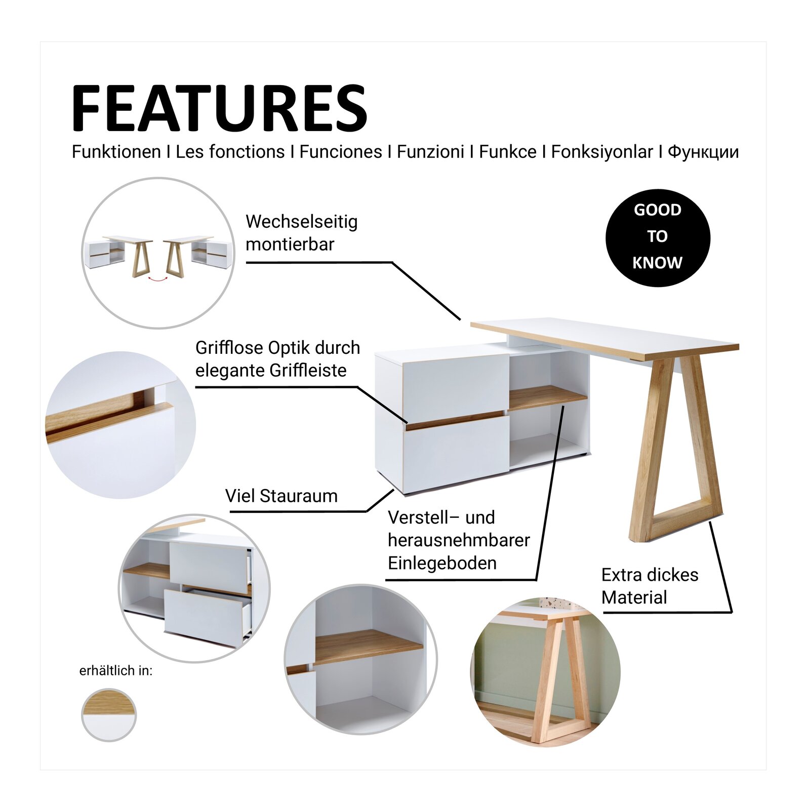 Eck-Schreibtisch mit vielseitigen Funktionen, darunter wechselweise Montage, grifflose Optik, viel Stauraum, verstellbarer Einlegeboden und extra dickes Material. Perspektive: seitliche Ansicht.