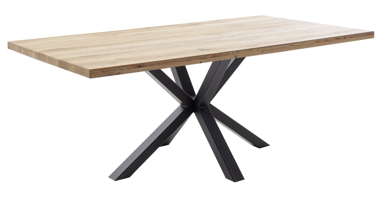 Moderner Esstisch aus Holz mit schwarzem Metallgestell, seitliche Perspektive