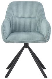 Armlehnstuhl mit hellblauem, geripptem Stoffbezug und schwarzen Metallbeinen, Frontalansicht