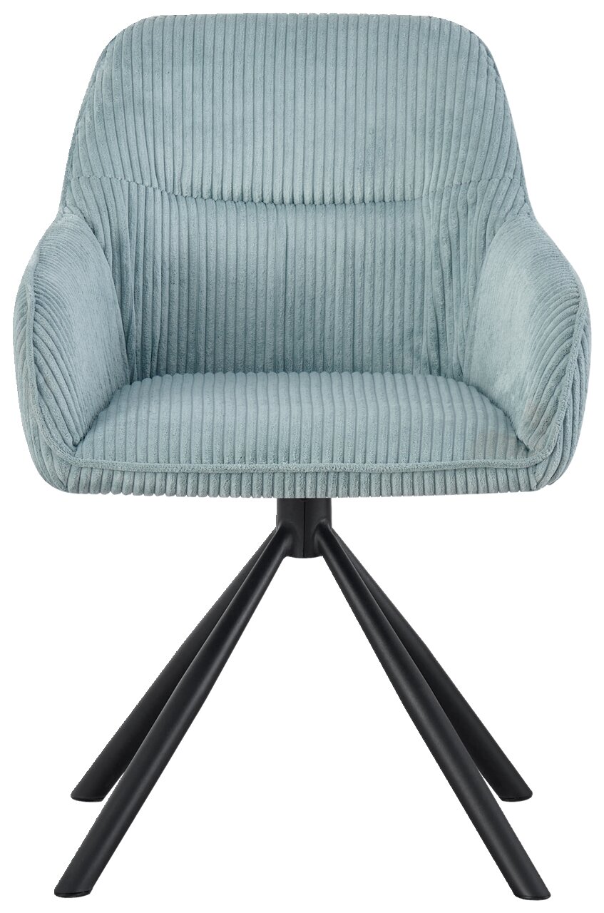 Armlehnstuhl mit hellblauem, geripptem Stoffbezug und schwarzen Metallbeinen, Frontalansicht