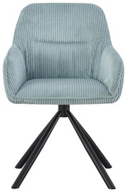 Armlehnstuhl mit hellblauem, geripptem Stoffbezug und schwarzen Metallbeinen, Frontalansicht