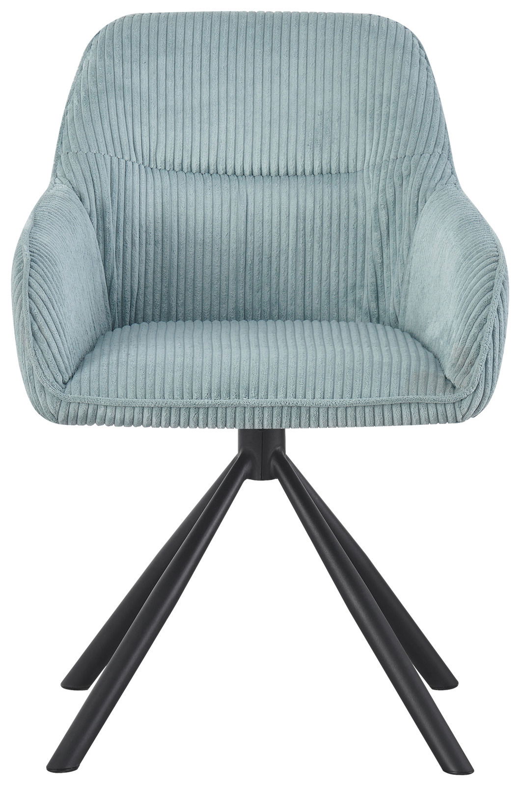 Armlehnstuhl mit hellblauem, geripptem Stoffbezug und schwarzen Metallbeinen, Frontalansicht