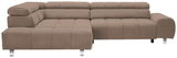 Braune Rundecke mit Ottomane links, moderne Polsterecke aus Stoff, Vorderansicht