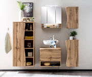 Badezimmermöbel-Set in Holzoptik mit Unterschrank, Waschbecken und Spiegel, frontal betrachtet.