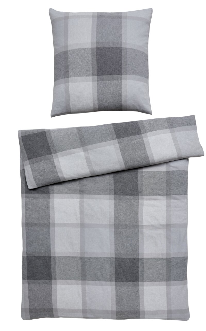 Linneweber Bettwäsche BRAGA Bettwäsche-Set in Grau- und Weißtönen mit Karomuster, bestehend aus einem Kissenbezug und einem Bettdeckenbezug, aus der Vogelperspektive fotografiert.