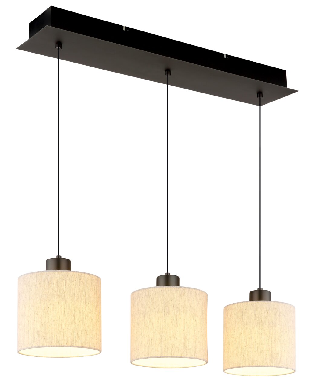 NOWA Hängeleuchte THEA Moderne Hängeleuchte mit drei zylindrischen Lampenschirmen aus Stoff, von vorne betrachtet.