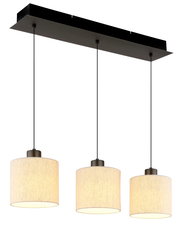 Moderne Hängeleuchte mit drei zylindrischen Lampenschirmen aus Stoff, von vorne betrachtet.