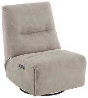 Beiger Relaxsessel mit geripptem Stoffbezug, seitlicher Bedienknopf, seitliche Perspektive