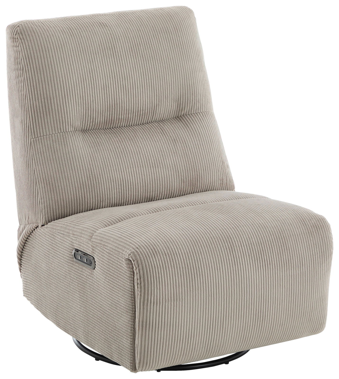 Beiger Relaxsessel mit geripptem Stoffbezug, seitlicher Bedienknopf, seitliche Perspektive