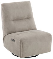 Beiger Relaxsessel mit geripptem Stoffbezug, seitlicher Bedienknopf, seitliche Perspektive