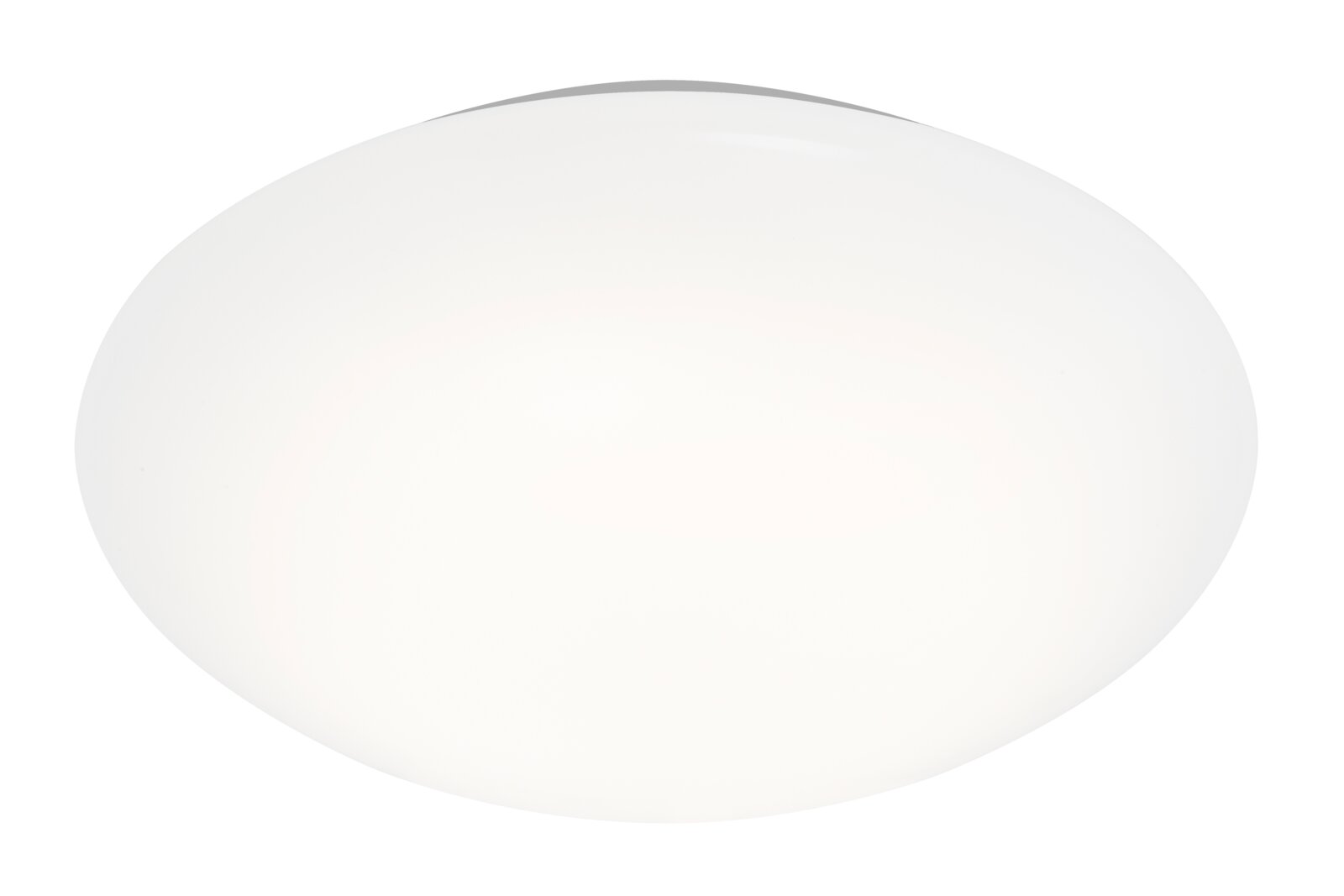 Witte ovale plafondlamp met matte kap, gefotografeerd van onderaf (frontaal) op een witte achtergrond