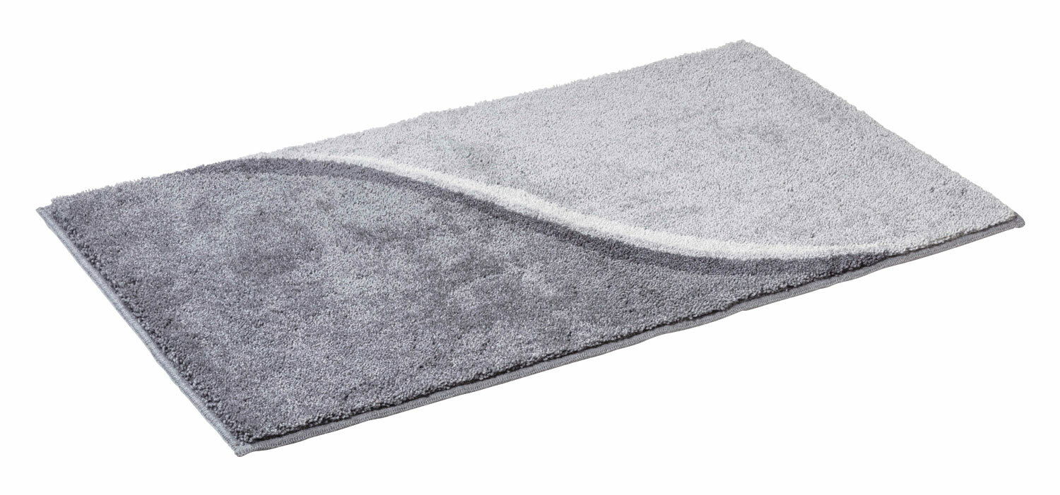 Grauer Badteppich 70x120cm mit wellenförmigem Muster, seitliche Perspektive
