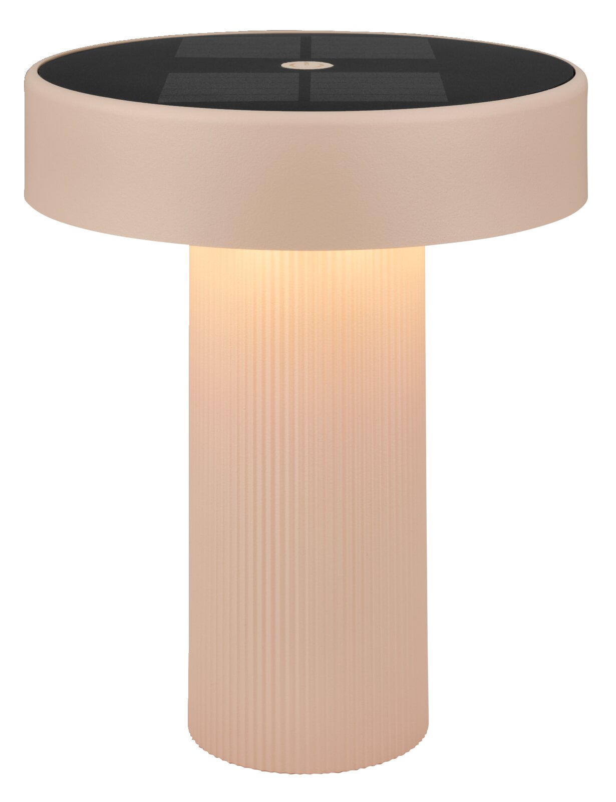 Moderne kabellose LED-Tischleuchte in Beige mit zylindrischem, geriffeltem Fuß und breitem runden Schirm, warm leuchtend; frontal aus leicht erhöhter Perspektive auf weißem Hintergrund