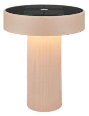 Moderne kabellose LED-Tischleuchte in Beige mit zylindrischem, geriffeltem Fuß und breitem runden Schirm, warm leuchtend; frontal aus leicht erhöhter Perspektive auf weißem Hintergrund