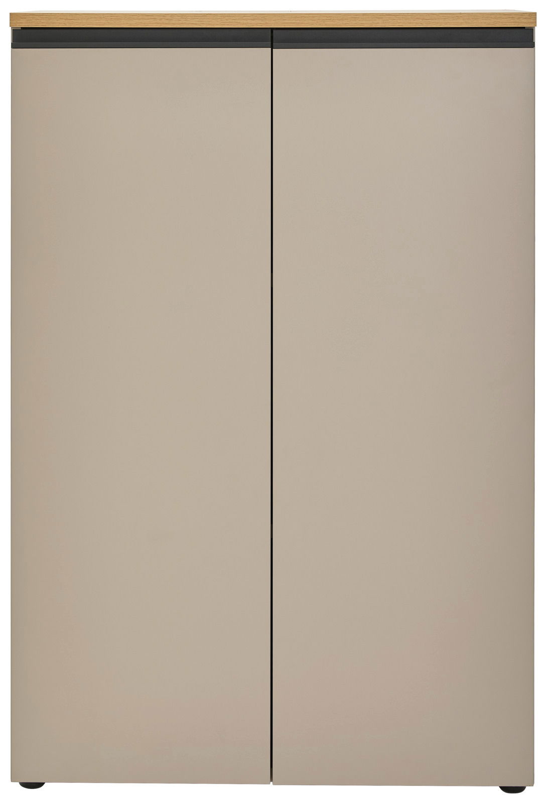 Frontansicht eines modernen, zweifarbigen Aktenschranks mit zwei Türen und Holzoberfläche.