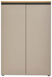 Frontansicht eines modernen, zweifarbigen Aktenschranks mit zwei Türen und Holzoberfläche.