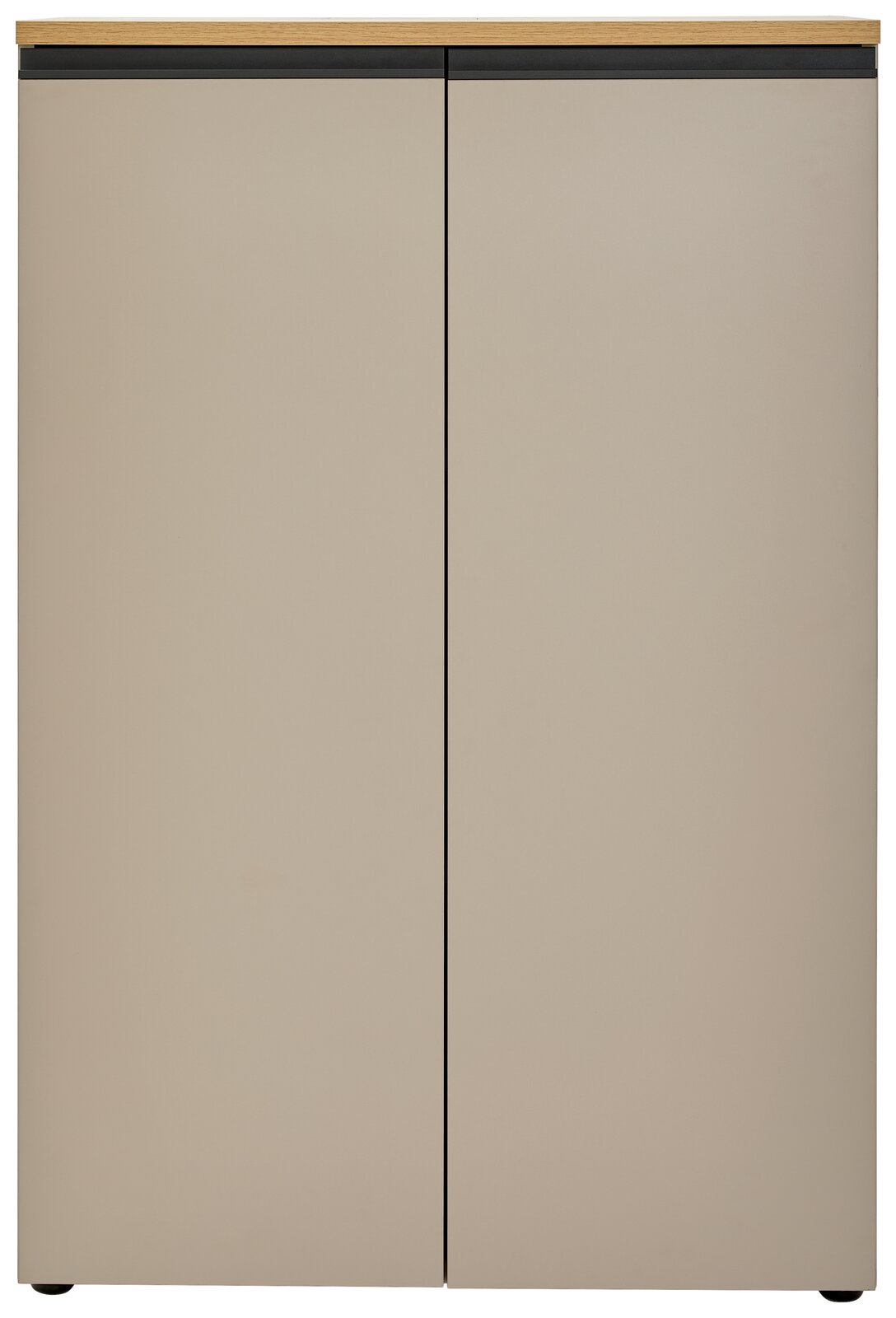 Frontansicht eines modernen, zweifarbigen Aktenschranks mit zwei Türen und Holzoberfläche.