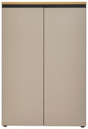 Frontansicht eines modernen, zweifarbigen Aktenschranks mit zwei Türen und Holzoberfläche.