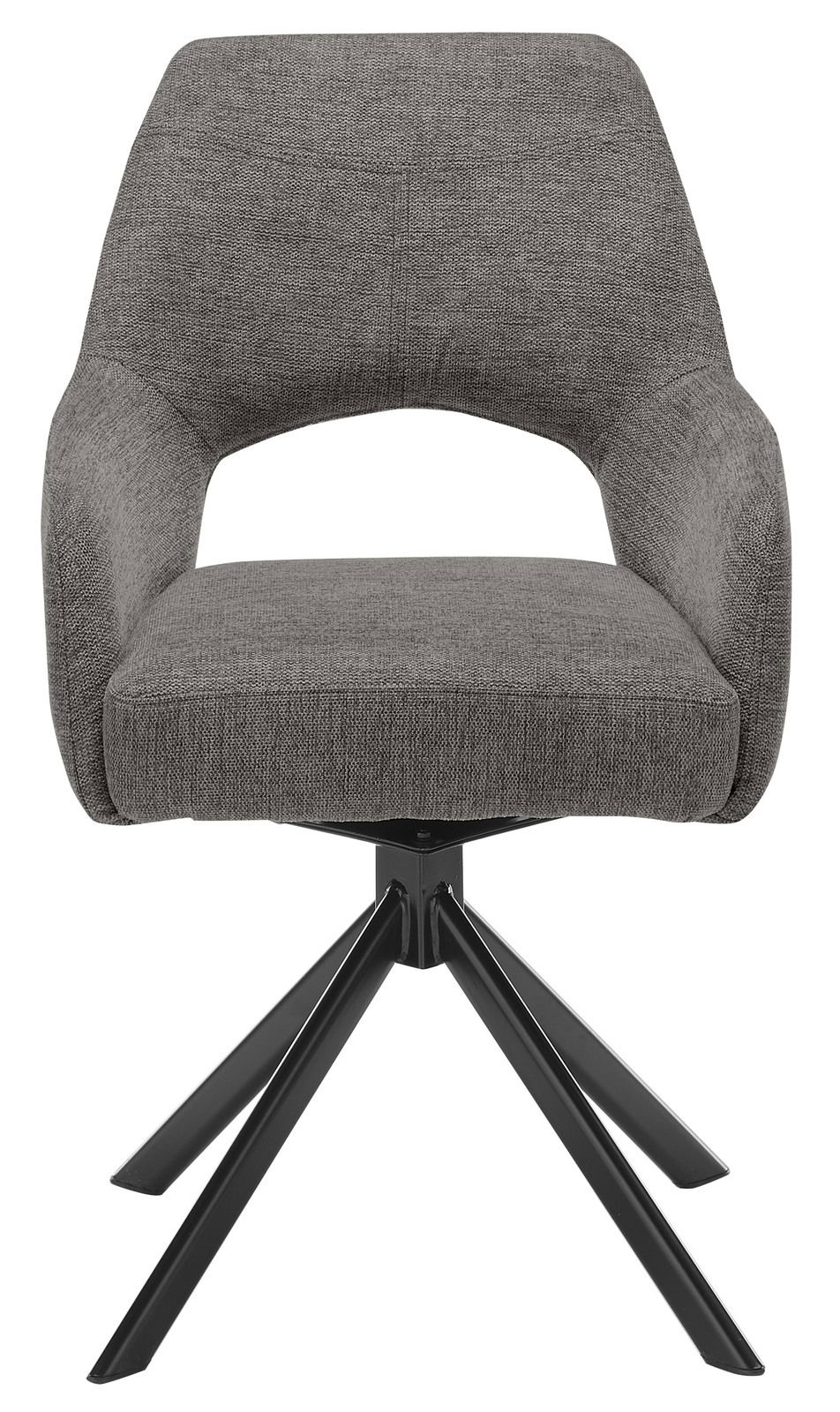 Grauer Armlehnstuhl mit schwarzem Metallgestell, Frontalansicht