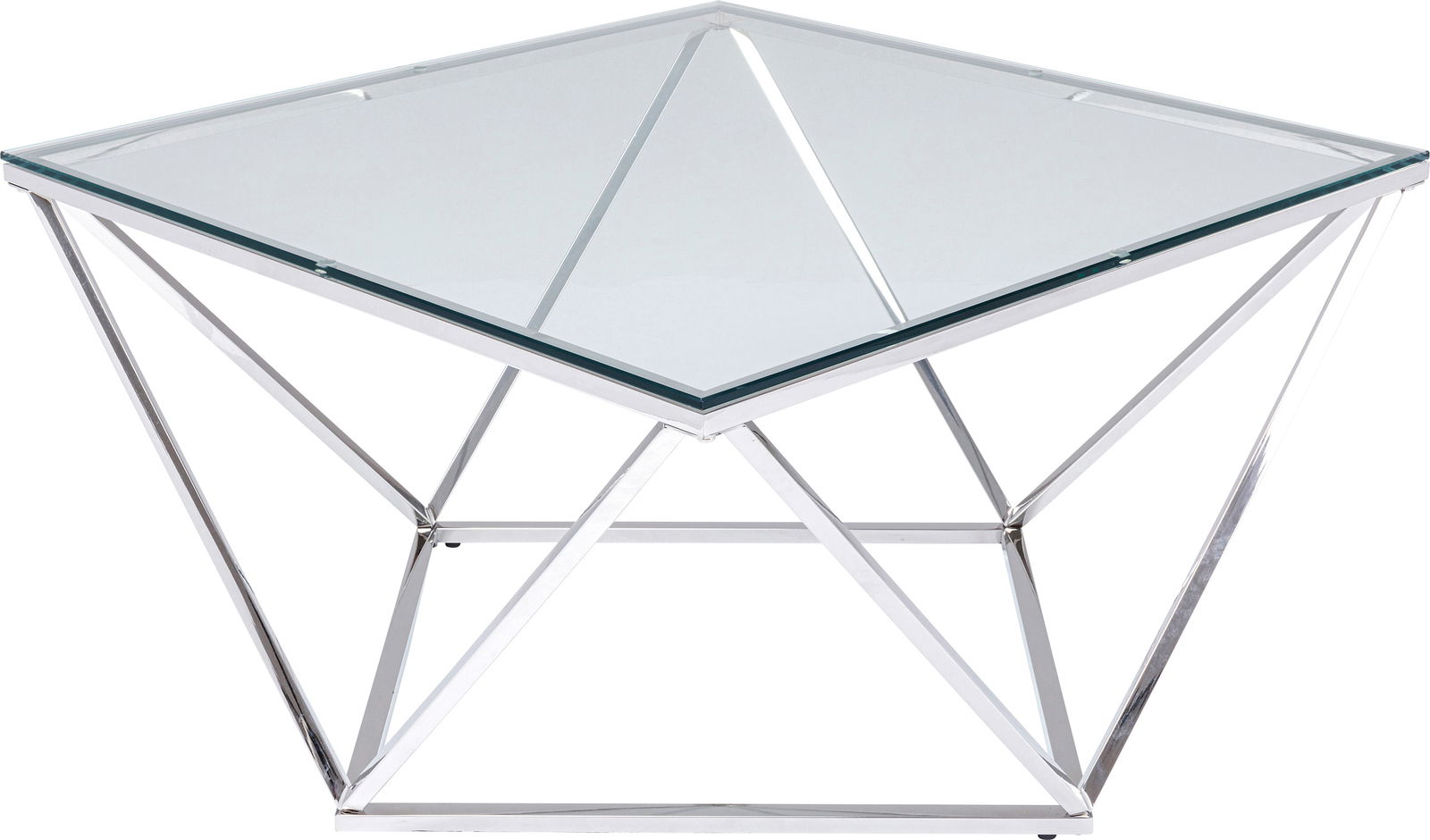 Moderner Couchtisch mit Glasplatte und geometrischem Metallgestell, seitliche Perspektive