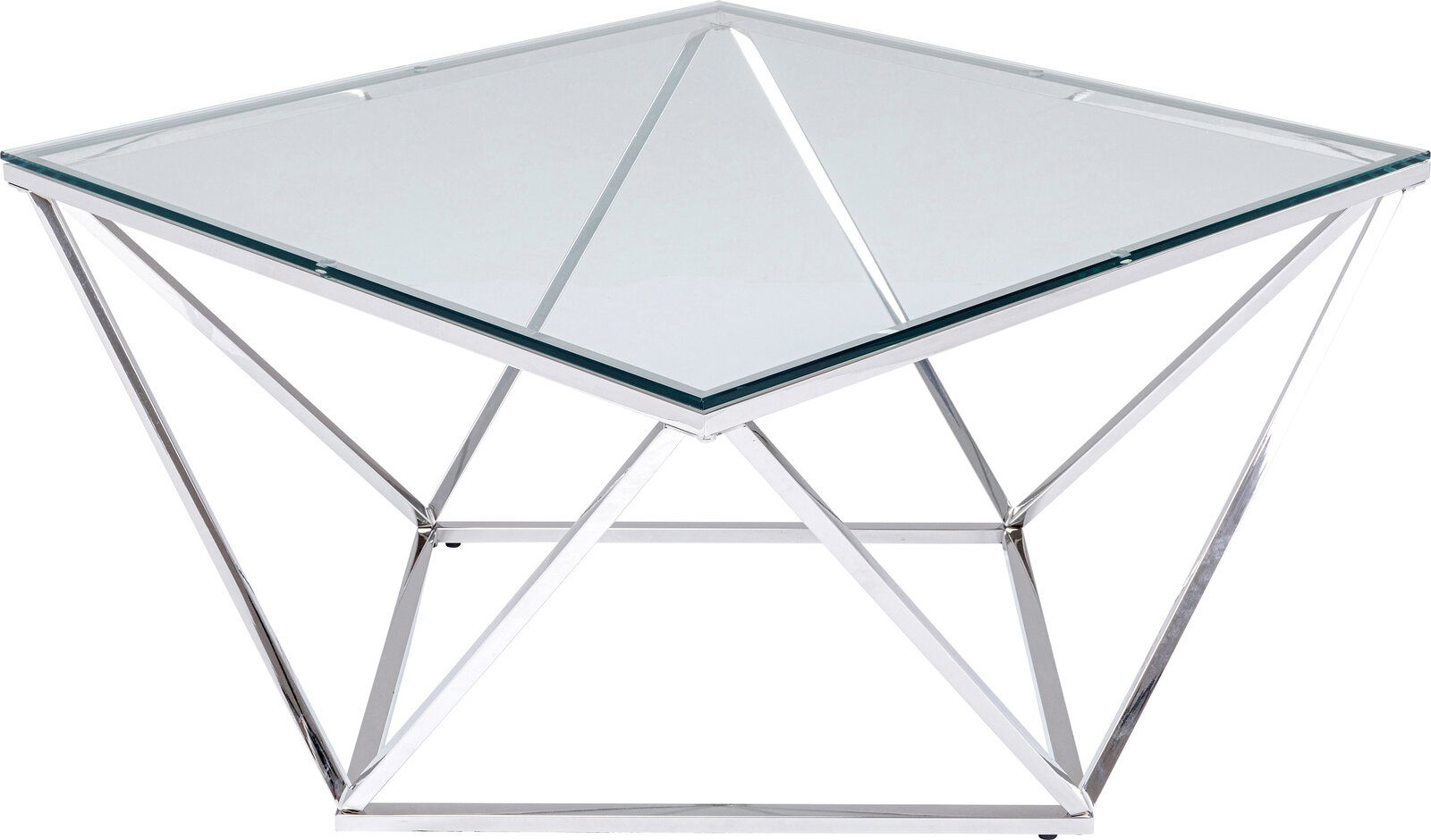 Karé Couchtisch CRISTALLO Moderner Couchtisch mit Glasplatte und geometrischem Metallgestell, seitliche Perspektive