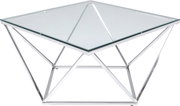 Moderner Couchtisch mit Glasplatte und geometrischem Metallgestell, seitliche Perspektive