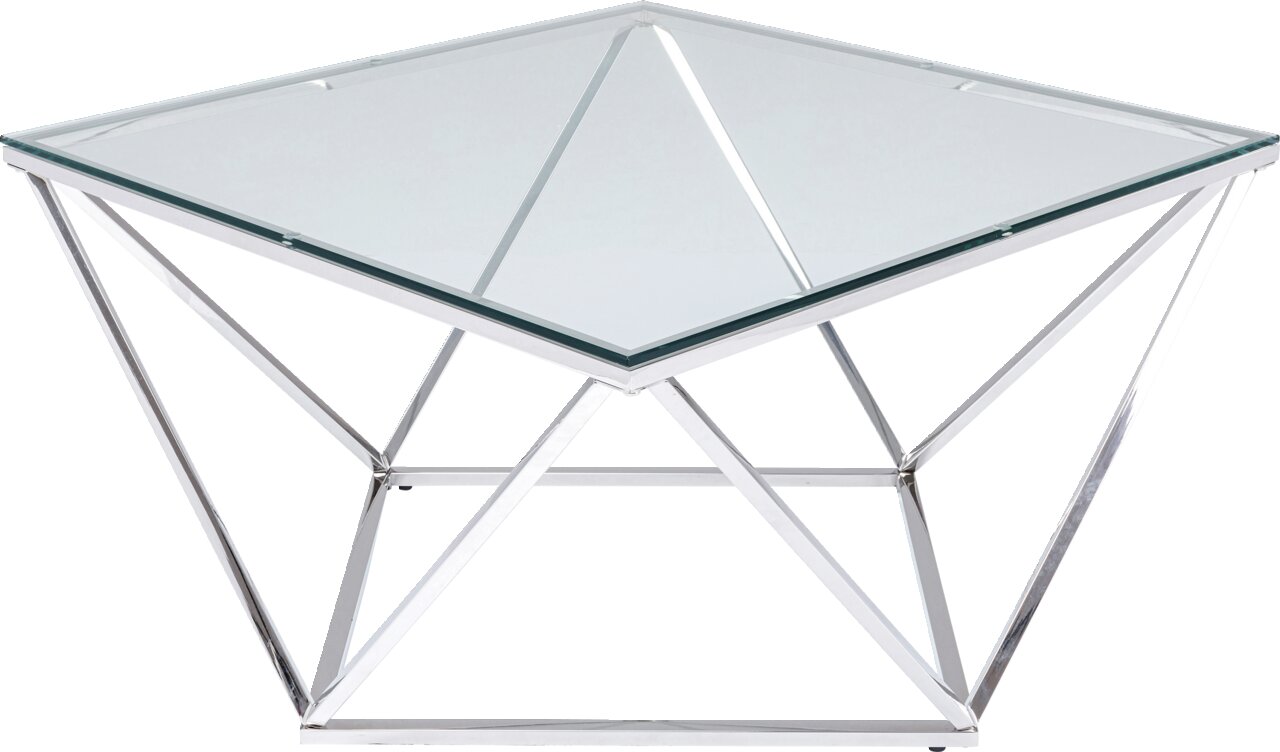 Moderne salontafel met glazen blad en geometrisch metalen onderstel, zijaanzicht