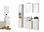 Badezimmermöbel-Set in Weiß mit Unterschrank, Waschbeckenunterschrank, Hochschrank, Wandschrank und Spiegelschrank, frontal betrachtet.