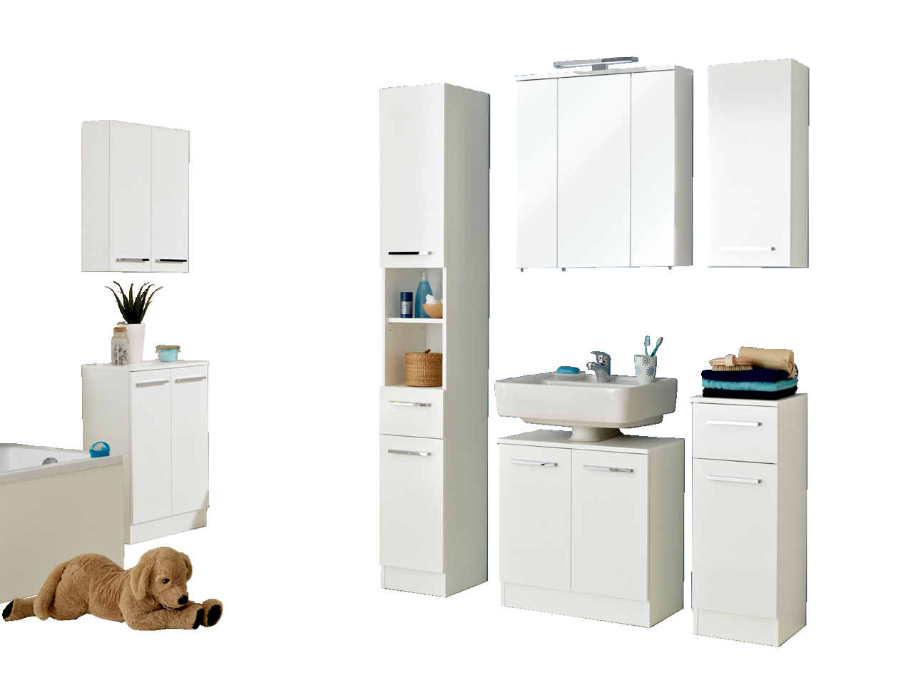 Badezimmermöbel-Set in Weiß mit Unterschrank, Waschbeckenunterschrank, Hochschrank, Wandschrank und Spiegelschrank, frontal betrachtet.
