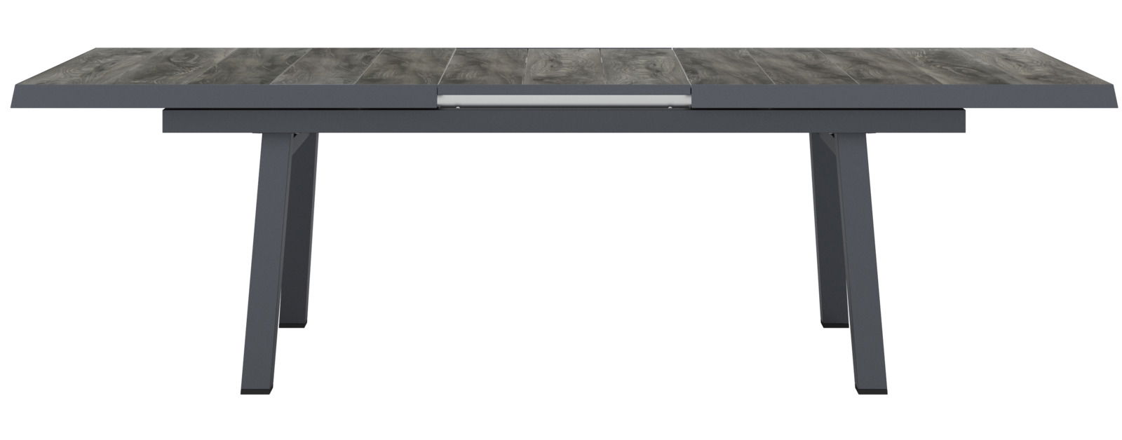 Großer, ausziehbarer Gartentisch aus Holz und Metall, frontal betrachtet.